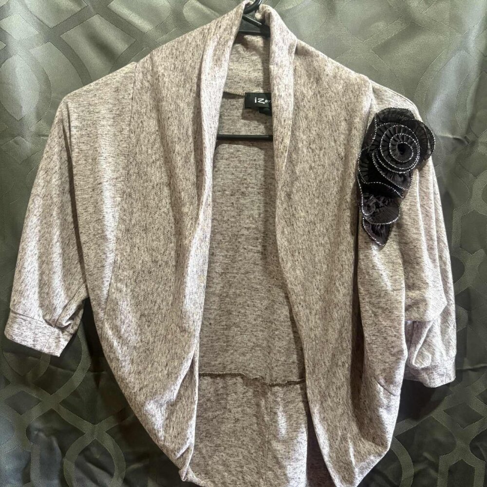 IZ Byer Women’s Heathered Open Front Knit Cardigan Size S with Floral Accent